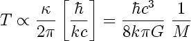 [ T = kappa/2pi = hbar c^3/8k pi G * 1/M ]